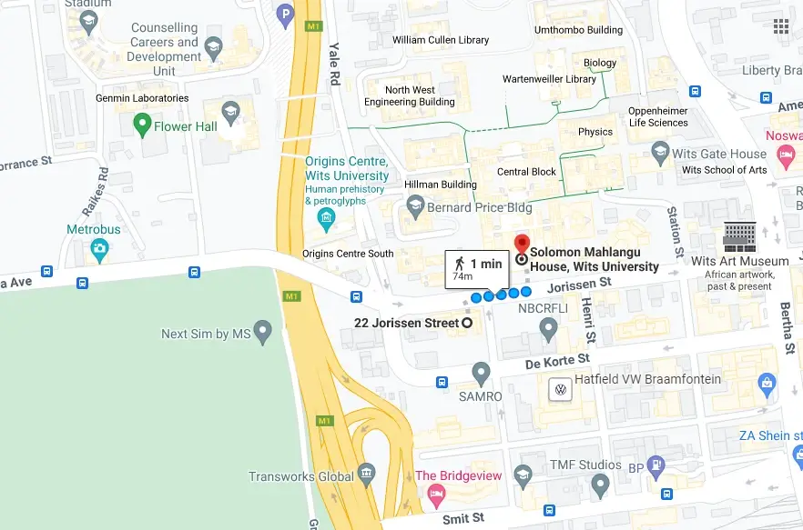 Street map of Braamfontein showing how close 22 Jorissen Street in Braamfontein is to Wits University