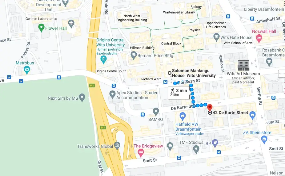 Street map of Braamfontein showing how close 42 De Korte Street in Braamfontein is to Wits University